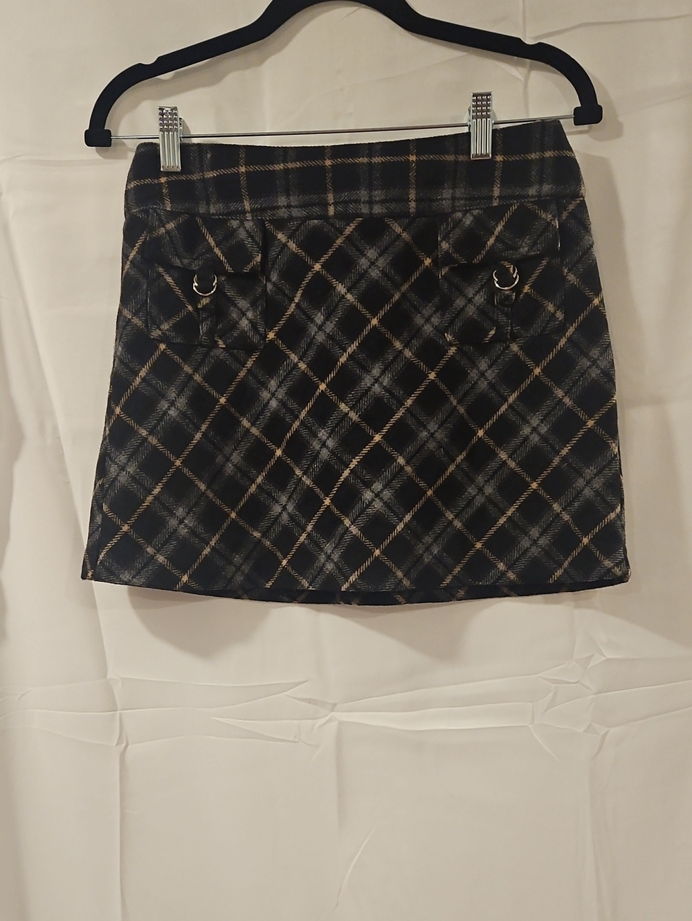 Plaid Black and Tan Mini Skirt with Front Pocket Rings